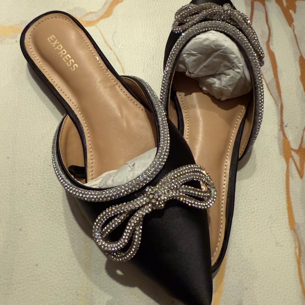 Express Elegant Black Mules with Crystal Bow